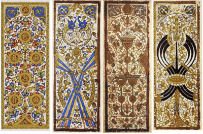 6 of Coins, 10 of Polo Sticks, 3 of Cups, and 7 of Swords cards from the Egyptian Mamluk deck, 15th century; currently at the Topkapı Palace Museum, Istanbul. Original composition by Countakeshi. Wikimedia Commons, Attribution-Share Alike 4.0 International License.