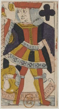 El precursor más antiguo del joker: la sota de bastos, ca. 1656–1664. Autor: Pierre Leroux. Conservada actualmente en la Biblioteca nacional de Francia. Wikimedia Commons, dominio público.