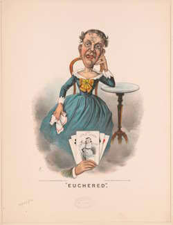 Una caricatura titulada «Euchered», 1884. El naipe del medio muestra un bebé como caja sorpresa, con la inscripción «The Little Joker» («El pequeño joker»). Autor: F.C., Popular Graphic Arts. Actualmente conservada en la Biblioteca del Congreso. Wikimedia Commons, dominio público.