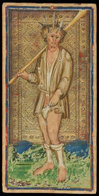 La carta del Loco más antigua que aún se conserva, de la baraja Visconti–Sforza, 1466 (ver Dummett 1980: pp. 68–69). Autores: Bonifacio Bembo y Antonio Cicognara. Wikimedia Commons, dominio público.