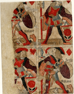 An uncut sheet of French-suited playing cards, printed in Rouen by Valery Faucil ca. 1516; currently at the British Museum. Creative Commons Attribution-NonCommercial-ShareAlike 4.0 International (CC BY-NC-SA 4.0) license. © The Trustees of the British Museum.