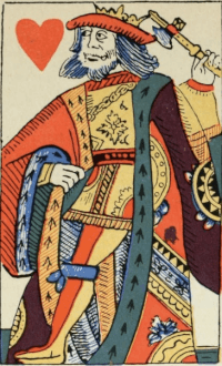 King of Hearts from a French-suited deck, produced in Rouen ca. 1567. Benham 1931: 28, fig. 59.