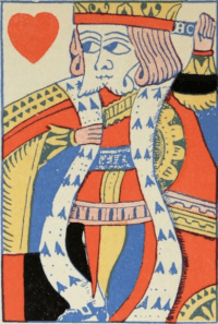 King of Hearts from a French-suited deck, produced in England ca. 1750. Benham 1931: 28, fig. 60.