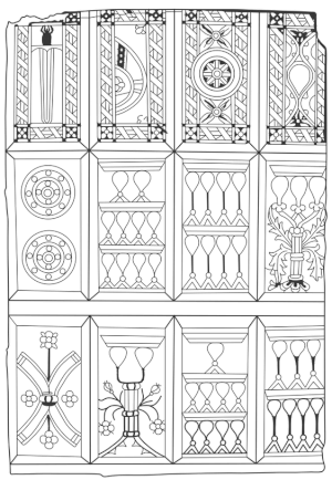 The oldest European cards from Catalonia, early 15th century. An uncut and uncolored sheet of Arab design; currently at the Institut Municipal d'Història in Barcelona. Re-drawn by Karolina Juszczyk after the illustration in Simon Wintle’s “Moorish playing cards.”