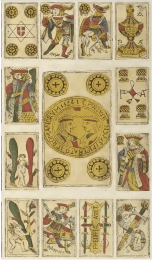 An uncut sheet of Spanish-suited cards, 1574. Originally published in Museo español de antigüedades, vol. 3, 1874. Wikimedia Commons, public domain.