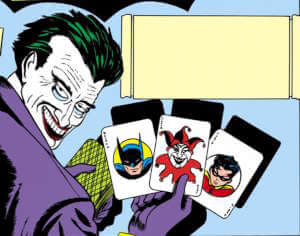 The opening panel of the first Joker story, drawn by Bob Kane and featuring the Joker card by Jerry Robinson. Text from the caption removed. Batman #1, 1940. © DC Comics.