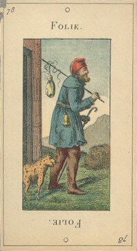 Fool (La Folie) from Etteilla's tarot deck. Wikimedia Commons, public domain.