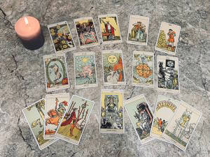 Exemplary Tarot cards in a spread. Wikimedia Commons, Attribution-Share Alike 4.0 International License.