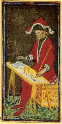 The magician card from the Pierpont Morgan Bergamo Visconti-Sforza Deck, mid-15th century. Wikimedia Commons, public domain.