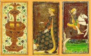 The magician card from the Pierpont Morgan Bergamo Visconti-Sforza pack, mid-15th century. Wikimedia Commons, public domain.